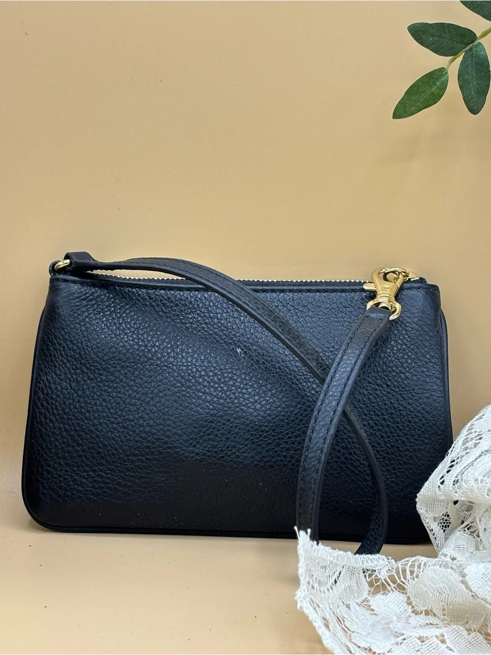 Michael Kors Black Pebbled Leather Wristlet with Gold MK Emblem